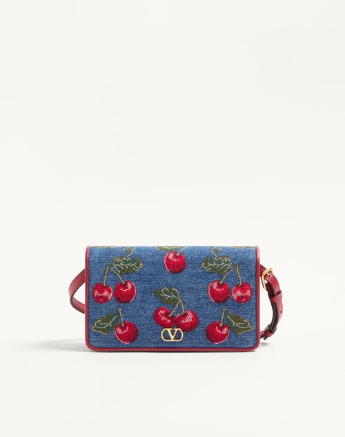 Valentino Garavani - Vlogo Signature Mini Shoulder Bag In Denim With Cherryfic Embroidery - Denim/multicolour - Woman - Clutches