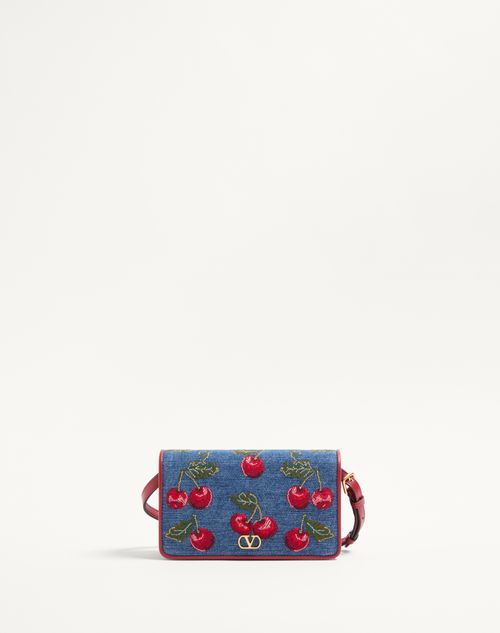Valentino Garavani - Vlogo Signature Mini Shoulder Bag In Denim With Cherryfic Embroidery - Denim/multicolour - Woman - Gifts For Her