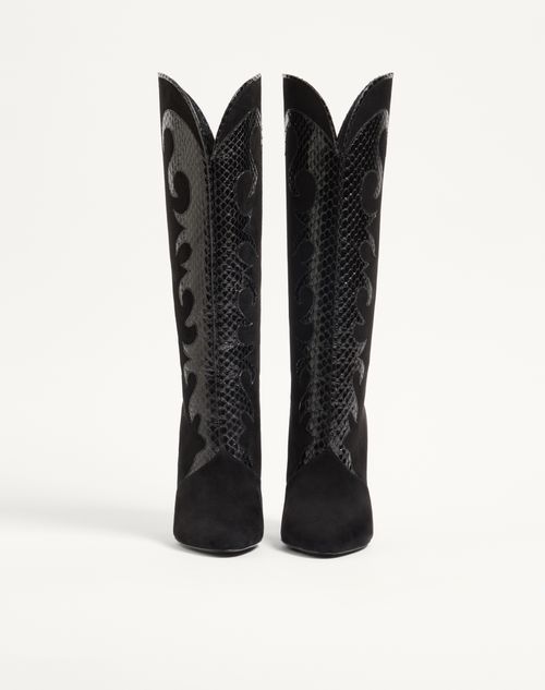 Valentino Garavani - Boutade Suede Boot With Elaphe Details 105mm - Black - Woman - Boots And Ankle Boots
