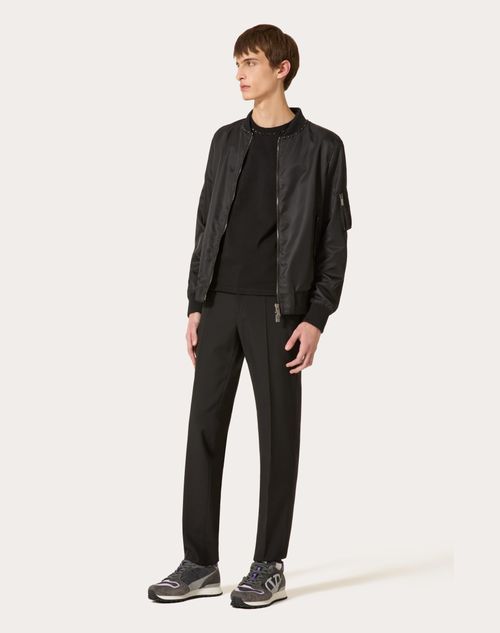 Valentino - Nylon Bomber Jacket With Black Untitled Studs On The Neckline - Black - Man - Outerwear