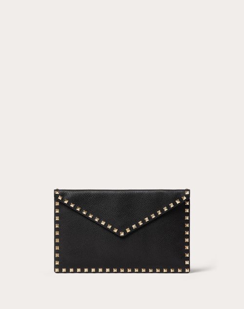 Valentino Garavani - Bolso Tipo Sobre Rockstud De Piel De Becerro Granulada - Negro - Mujer - Bolso De Mano