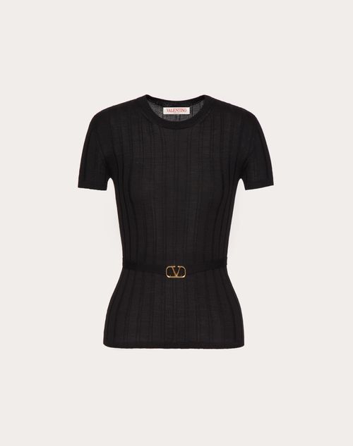 Wool Jumper With Vlogo Signature Belt Detail for Woman in Black