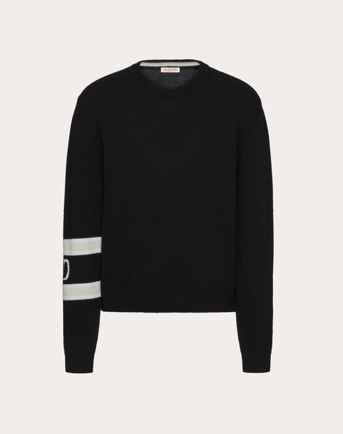 Valentino - Wool And Cashmere Crewneck Jumper With Vlogo Signature Embroidery - Black/ivory/mint - Man - Knitwear