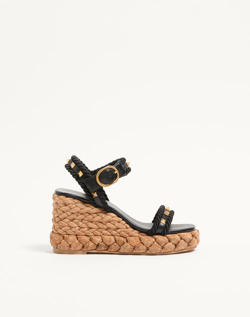 Valentino Garavani - Rockstud Wedge In Calfskin 100mm - Black/natural - Woman - Espadrilles And Wedges
