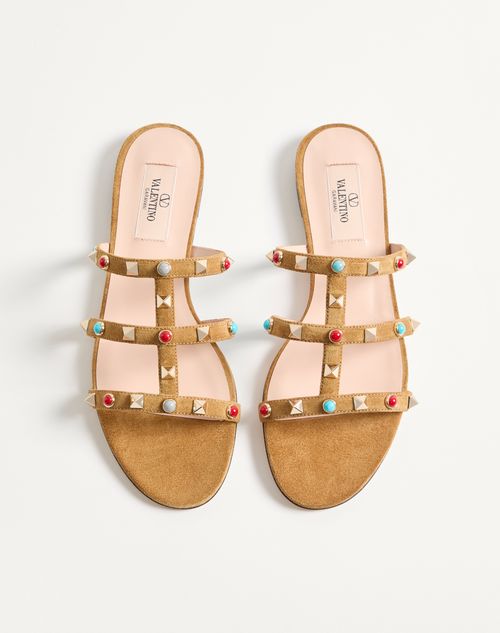 Valentino Garavani - Rockstud Slide Sandal In Split Leather With Cabochon Stones - Havana Beige - Woman - Sandals