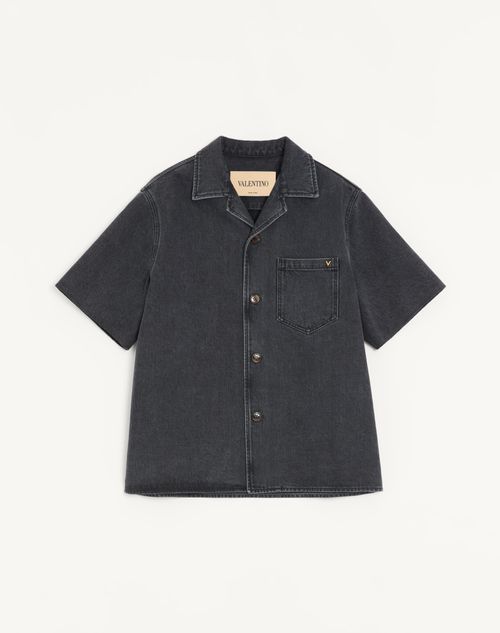 Valentino - Valentino Denim Bowling Shirt With Vgold - Black - Man - Denim