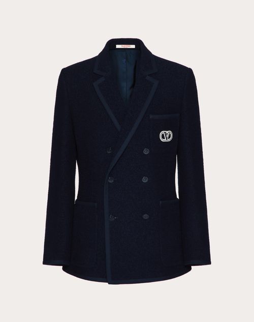 Valentino - Chaqueta Cruzada De Lana Bouclé Con Bordado Del Vlogo Signature - Azul Marino - Hombre - Abrigos Y Blazers