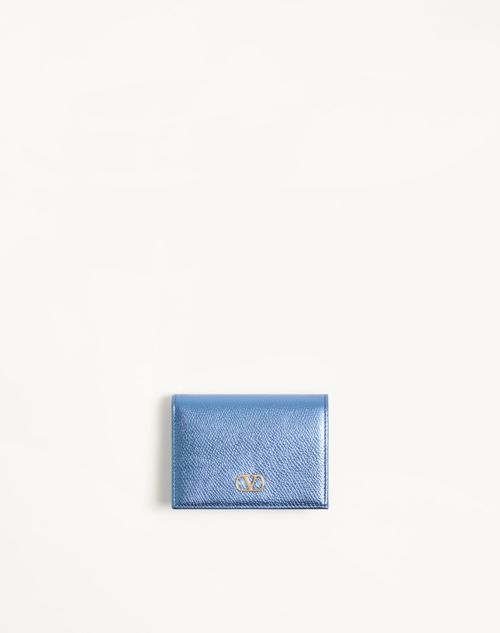 Valentino Garavani - Valentino Garavani Vlogo Signature Grainy Calfskin Wallet - Metallic Blue - Woman - Wallets And Small Leather Goods