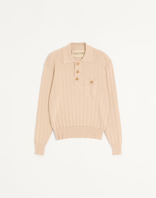 Valentino - Long-sleeved Ribbed Cotton Polo Shirt - Cream - Man - Knitwear