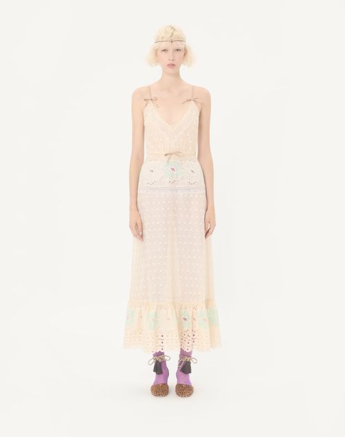 Valentino - Sangallo Midi Dress With Fleur A Jours Fiori - Azure/yellow - Woman - Dresses