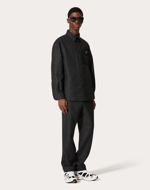 Valentino - Wool Tweed Overshirt With Metallic V Detail - Black/anthracite - Man - Outerwear