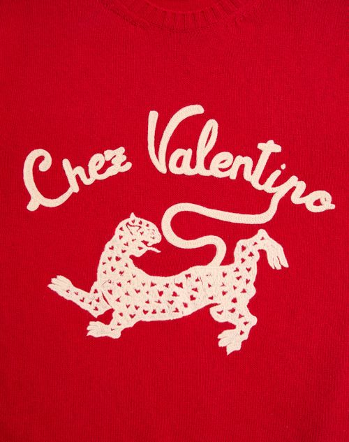 Valentino - Valentino Wool Sweater With Chez Valentino & Panther Embroidery - Red - Man - Knitwear