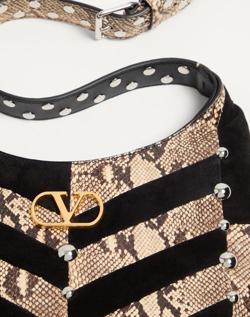 Valentino Garavani - Valentino Garavani Hoboho Small Hobo Bag In Python And Chevron-patterned Suede With Studs. - Beige/black - Woman - Shoulder Bags