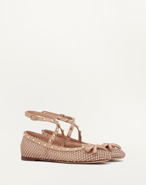 Valentino Garavani - Ballerines Rockstud En Tissu Ajouré Avec Cristaux - Rose Cannelle - Femme - Tenues De Fête