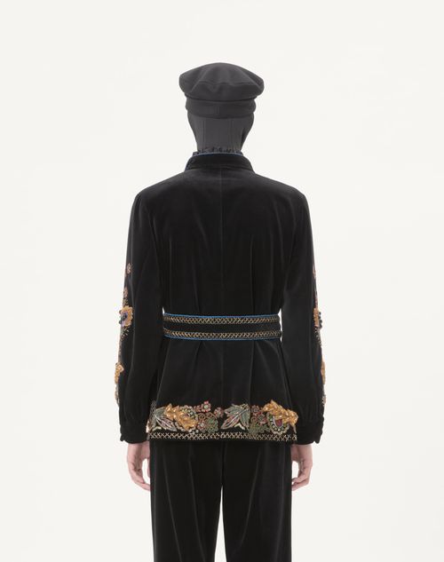 Valentino - Valentino Cotton Velvet Jacket With Belt And Embroidery - Black - Man - Coats And Blazers