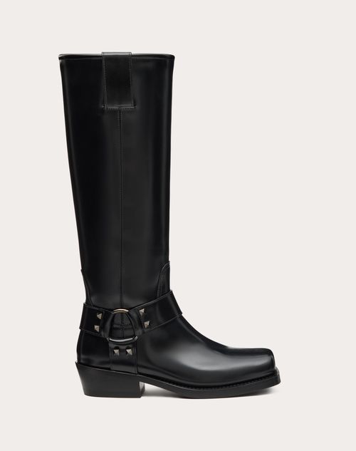 Valentino Garavani - Bottes De Motard Rockstud En Cuir De Veau, Talon : 40 mm - Noir - Femme - Bottes