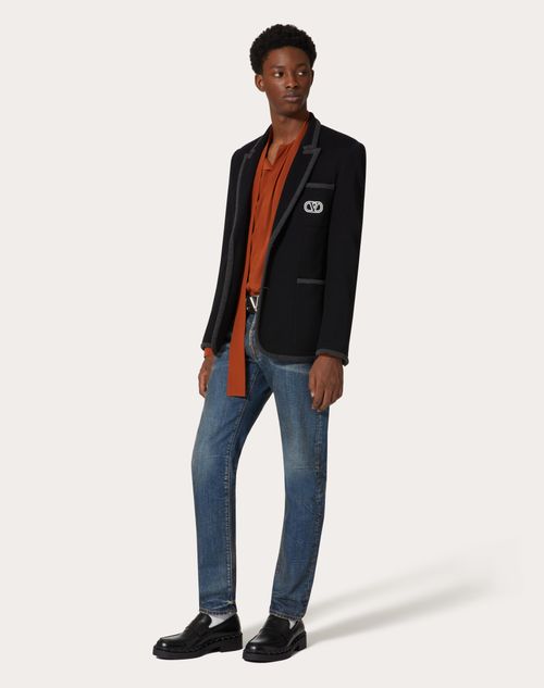 Valentino - Single-breasted Cotton Jersey Jacket With Vlogo Signature Patch - Navy - Man - Coats And Blazers