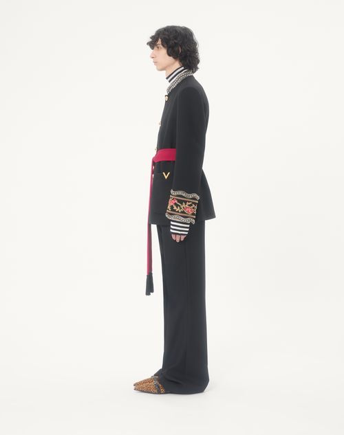 Valentino - Valentino Embroidered Jacket With Belt In Wool Gabardine With Vgold - Black - Man - Coats And Blazers