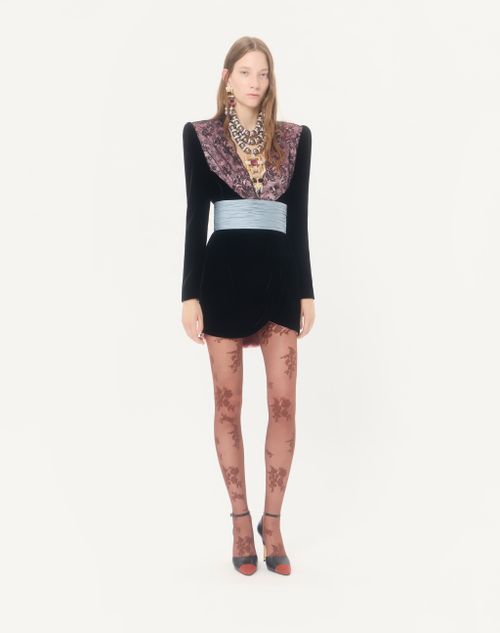 Valentino - Abito Corto In Velluto Con Pizzo - Nero/rosa - Donna - Abiti