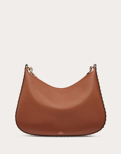 Rockstud Hobo Bag In Grainy Calfskin for Woman in Saddle Brown