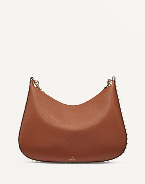 VALENTINO GARAVANI ◆ Rockstud Hobo Bag Rockstud Hobo Bag In Grainy Calfskin for Woman in Saddle