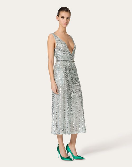 Valentino - Embroidered Organza Midi Dress - Silver - Woman - Dresses