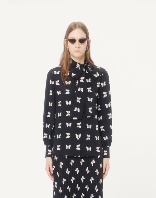 Valentino - Camicia Valentino In Crepe De Chine Stampa Butterflow - Nero/vaniglia - Donna - Camicie E Top