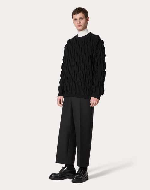 Valentino - Wool Crewneck Jumper With All-over Wave Embroidery - Black - Man - Knitwear