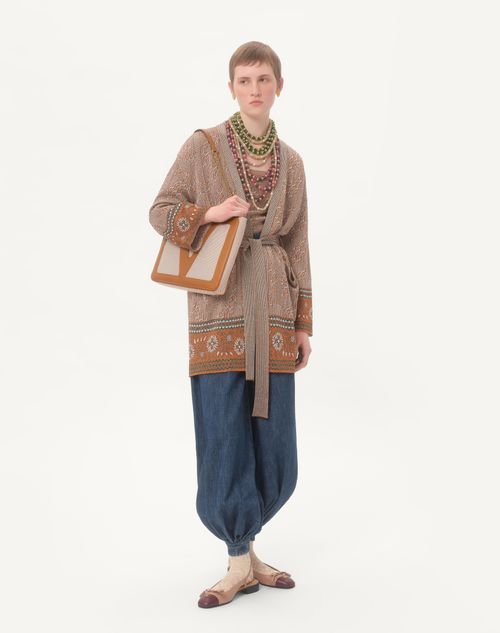 Valentino - Knit Cardigan With Lurex Jacquard Pattern - Ginger Orange/beige - Woman - Knitwear