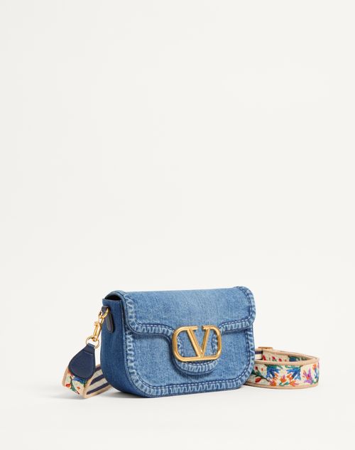 Valentino Garavani - Valentino Garavani Alltime Denim Shoulder Bag With Embroidered Ribbon Strap - Denim/worker/multicolour - Woman - Shoulder Bags