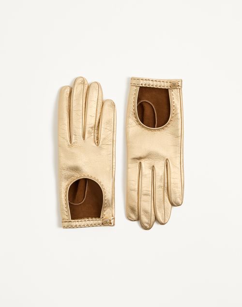 Valentino Garavani - Vlogo Signature Laminated Nappa Gloves - Gold - Woman - Hats And Gloves