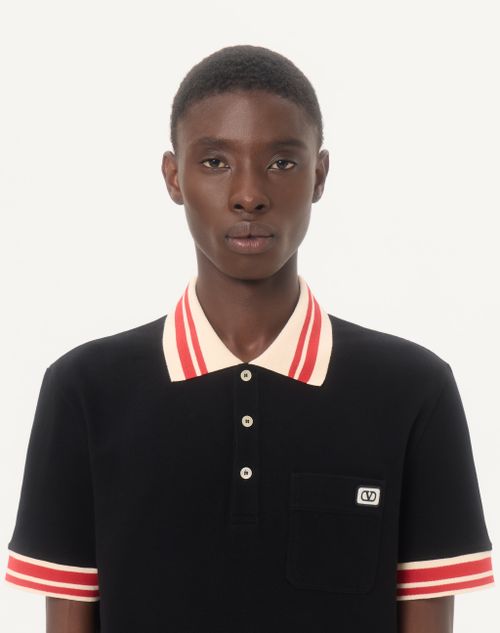 Valentino - Cotton Piqué Polo Shirt With Vlogo Patch - Black - Man - T-shirts And Sweatshirts