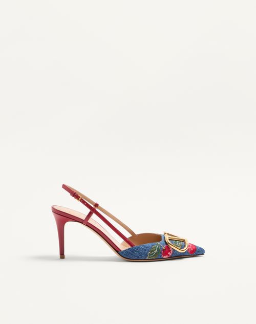 Valentino Garavani - Décolleté Slingback Vlogo Signature In Denim Con Ricamo Cherryfic 80mm - Denim/multicolor - Donna - Décolleté