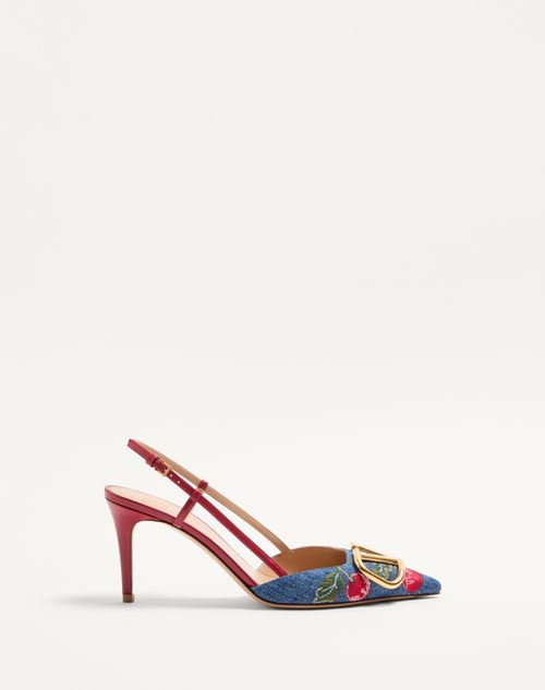 Valentino Garavani - Vlogo Signature Slingback Pumps In Denim With Cherryfic Embroidery 80mm - Denim/multicolour - Woman - Pumps