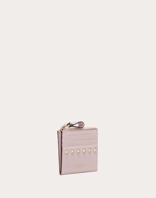 Rockstud Grainy Calfskin Cardholder With Zip for Woman in Poudre