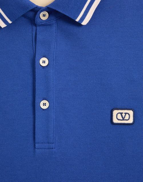 Valentino - Cotton Piqué Polo Shirt With Vlogo Patch - Blue - Man - T-shirts And Sweatshirts