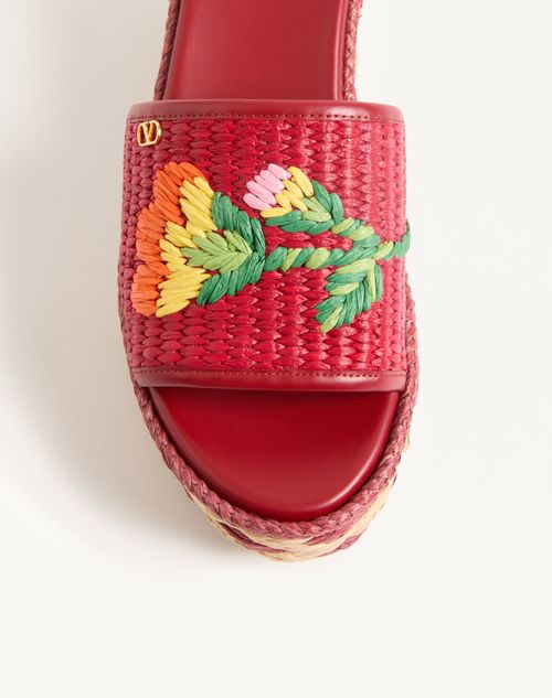 Valentino Garavani - Bribri Raffia Wedge Slide With Floral Embroidery 65mm - Red - Woman - Espadrilles And Wedges