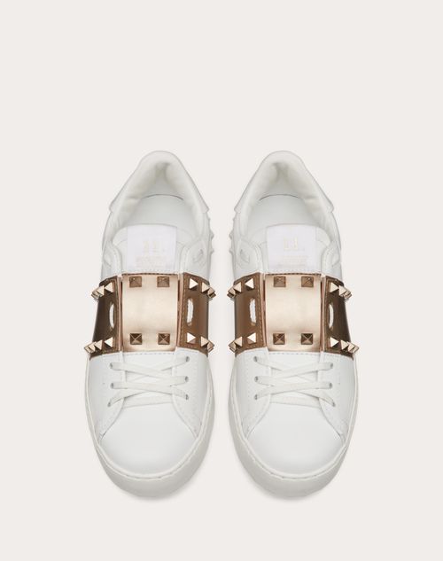 rockstud untitled sneaker in calfskin leather with metallic stripe