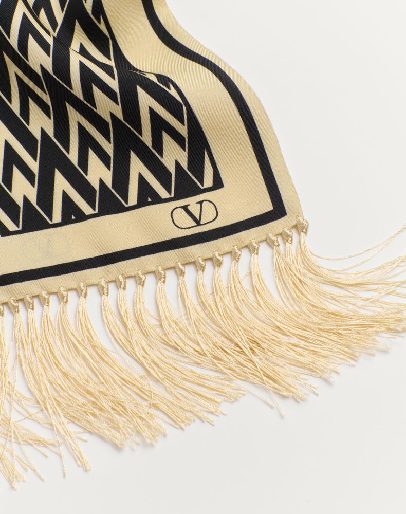 Valentino Garavani Toute La V Bandeau Scarf In Silk With Fringes Man Cream/Black Uni