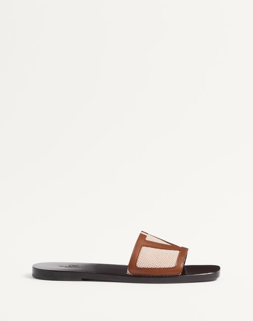 Valentino Garavani - Viva Superstar Slide Sandal In Canvas Fabric And Nappa Leather - Natural/tobacco - Man - Sandals