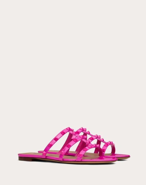 Valentino Garavani - Rockstud Patent Leather Flat Slide Sandal - Pink Pp - Woman - Woman Shoes Private Promotions