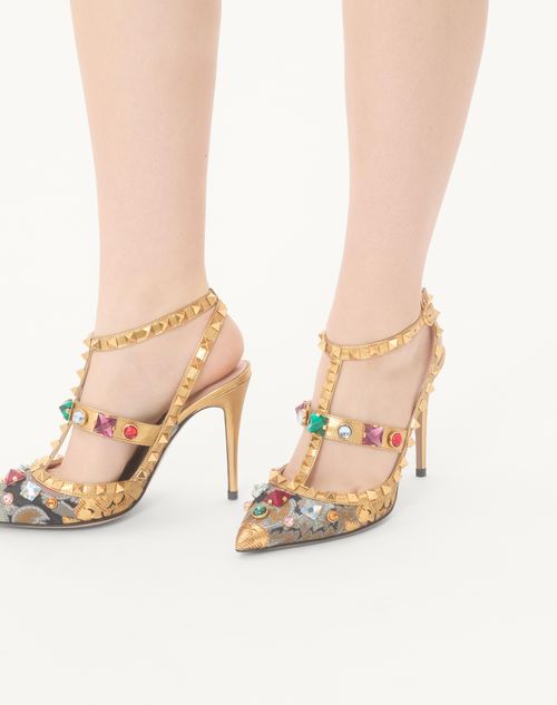 Valentino Garavani - Rockstud Pumps With Straps In Jacquard Apres L'hiver Fabric With Crystals 100mm - Gold - Woman - Pumps