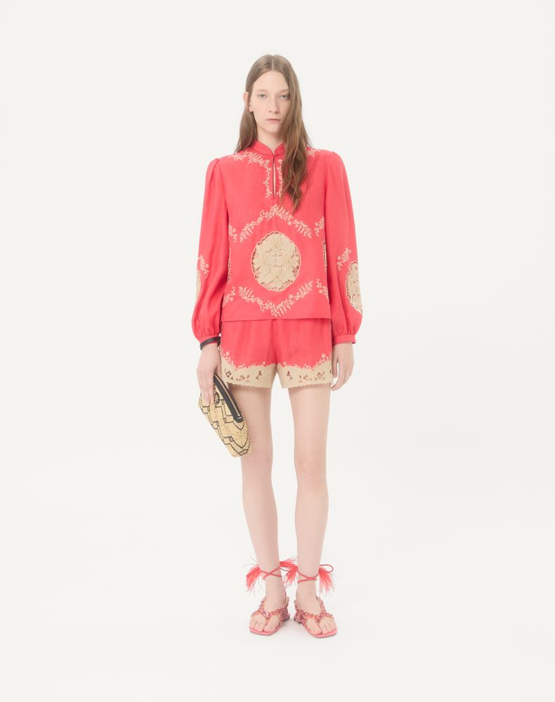 Valentino Embroidered Couture Linen Shorts Woman Coral/Beige 38