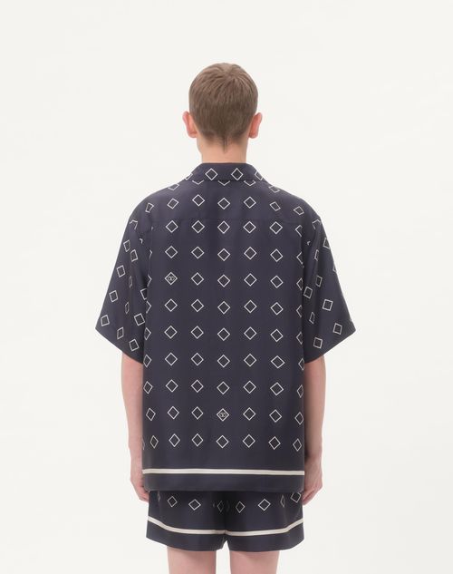 Valentino - Silk Twill Bowling Shirt With Opticool Print - Blue/butter - Man - Shirts