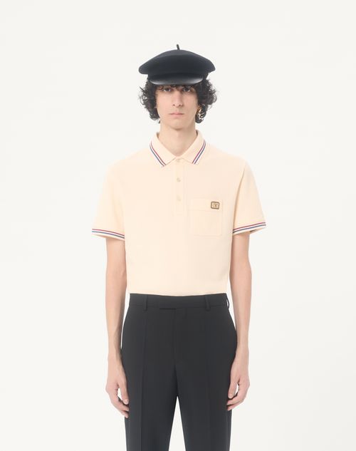Valentino - Cotton Piqué Polo Shirt With Vlogo Patch - Cream - Man - T-shirts And Sweatshirts