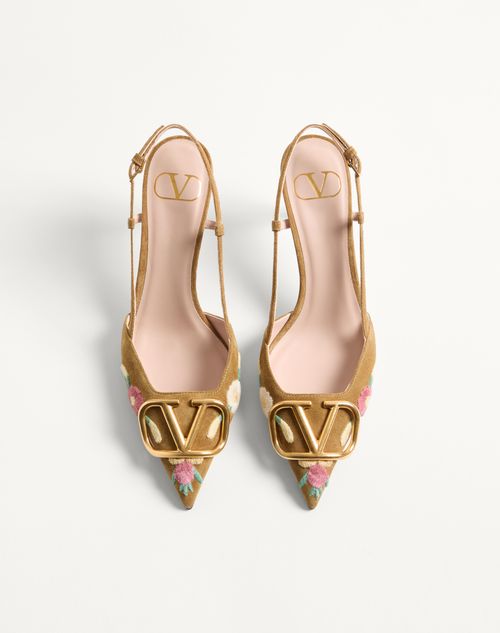 Valentino Garavani - Vlogo Signature Slingback Pump In Crust Leather With Floral Embroidery 80mm - Havana Beige - Woman - Pumps