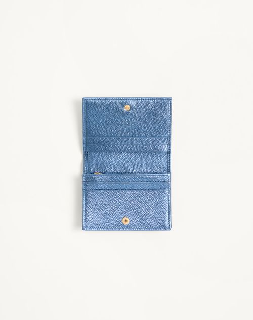 Valentino Garavani - Valentino Garavani Vlogo Signature Grainy Calfskin Wallet - Metallic Blue - Woman - Wallets And Small Leather Goods