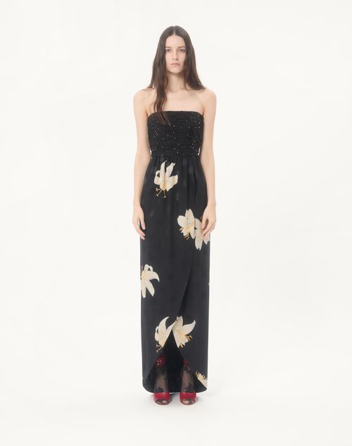 Valentino - Long Dress In Crepe De Chine Jacquard Apres L'hiver Lilium - Black - Woman - Ready To Wear