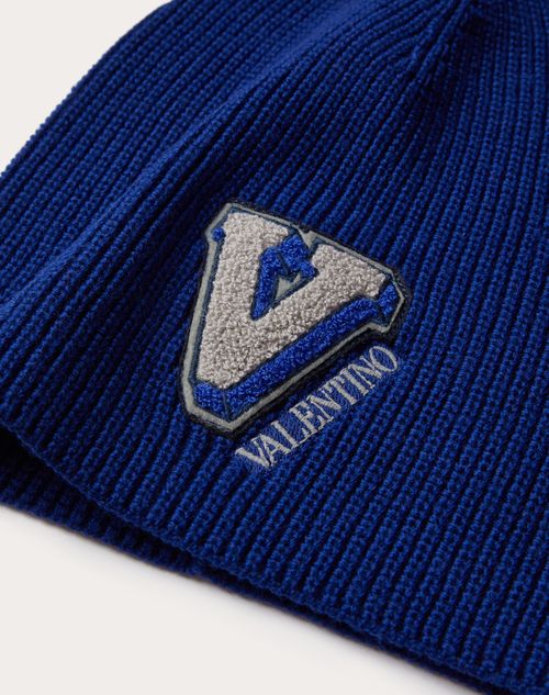 Valentino Garavani - Wool Beanie With Embroidered V-3d Patch - Blue - Man - Man Sale