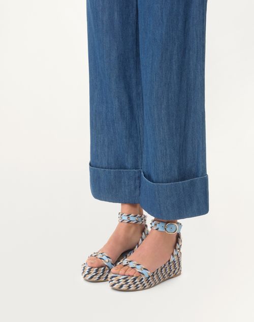 Valentino Garavani - Rockstud Flatform Sandal In Calfskin 45mm - Blue/ivory - Woman - Espadrilles - Shoes